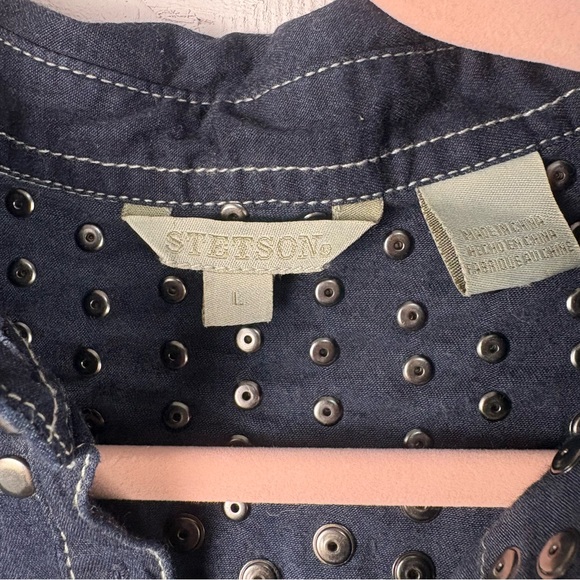 Stetson Denim Button Up Shirt Dress Studded Western Stitching Large Dark Wash 90 - Picture 6 of 10